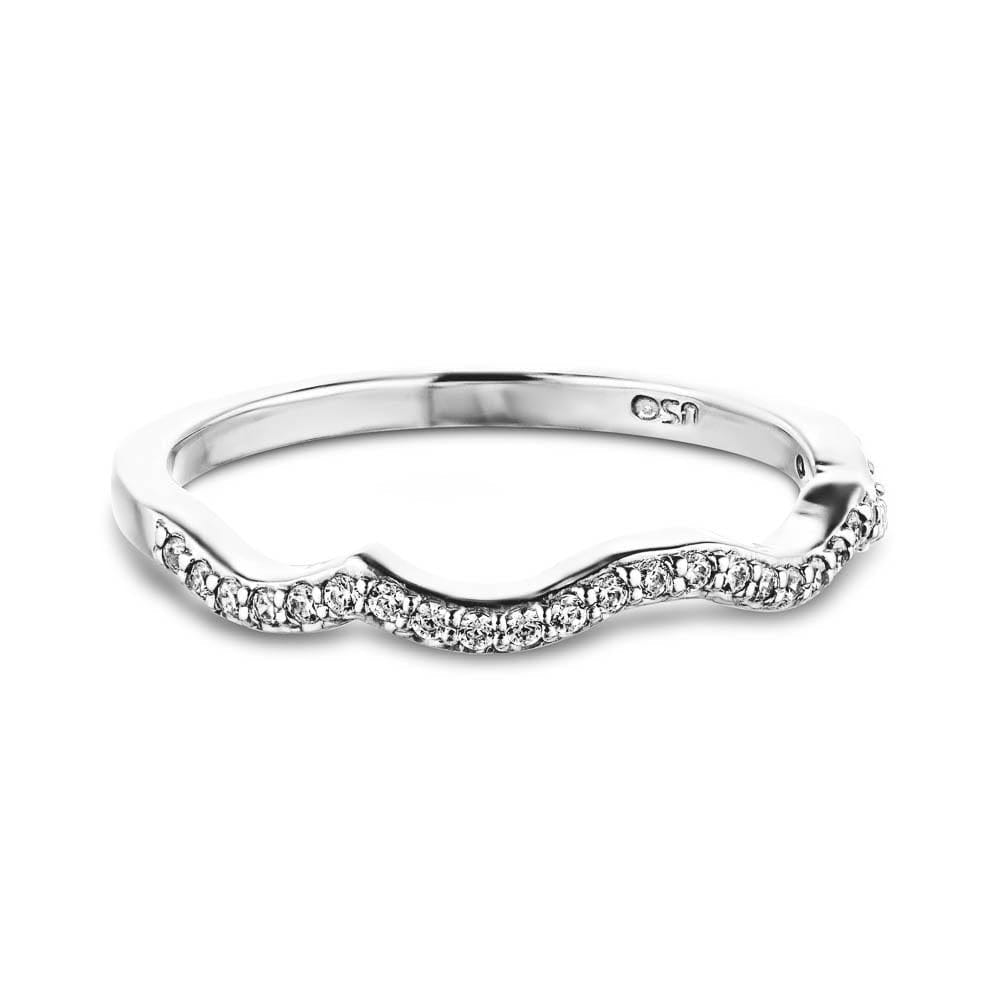 Shown in 14K White Gold|Ethical diamond accented band with unique wavy design made in USA with recycled 14k white gold