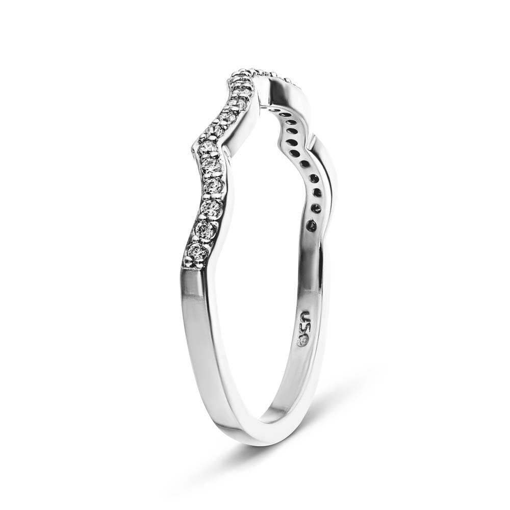 Shown in 14k White Gold|Unique wavy diamond accented wedding band in 14k white gold shown from side