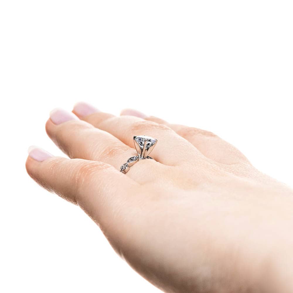 Shown with a 1.0ct Round cut Lab-Grown Diamond in recycled 14K white gold with recycled diamond accenting stones| 1.0ct lab-grown diamond antique diamond accented engagement ring in white gold