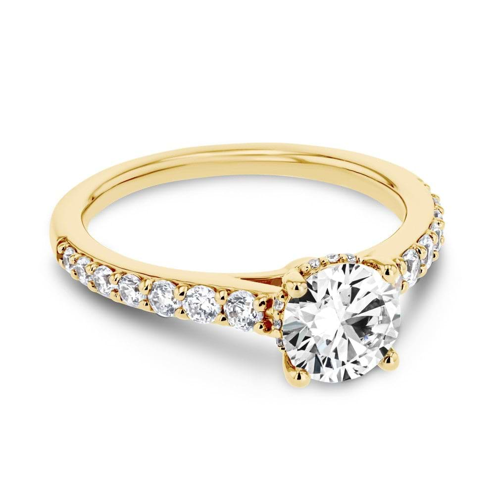 Shown here with a 1.0ct Round Cut Lab Grown Diamond center stone in 14K Yellow Gold