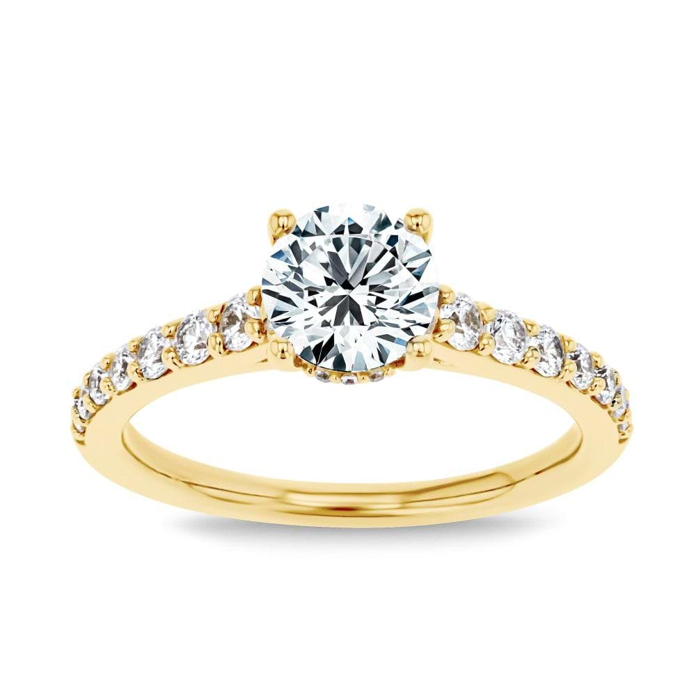 Shown here with a 1.0ct Round Cut Lab Grown Diamond center stone in 14K Yellow Gold