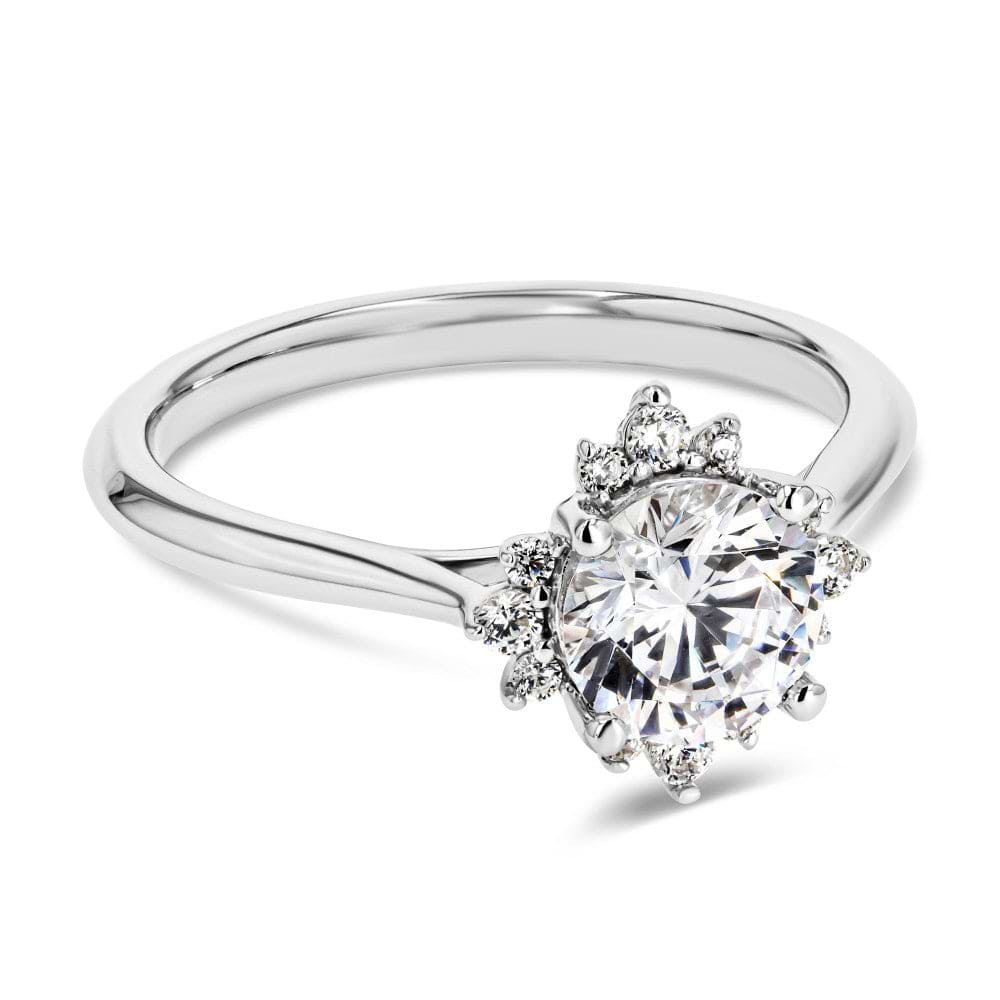 Shown here with a 1.0ct Round Cut Lab Grown Diamond center stone in 14K White Gold