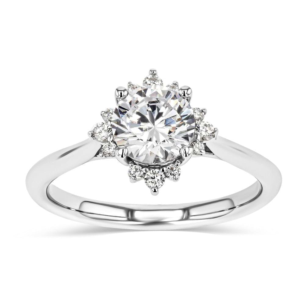 Shown here with a 1.0ct Round Cut Lab Grown Diamond center stone in 14K White Gold