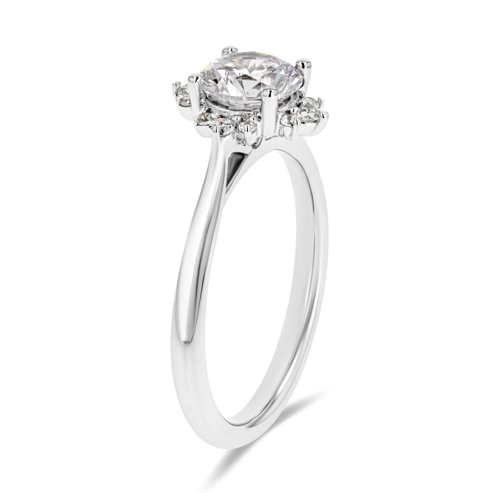 Shown here with a 1.0ct Round Cut Lab Grown Diamond center stone in 14K White Gold