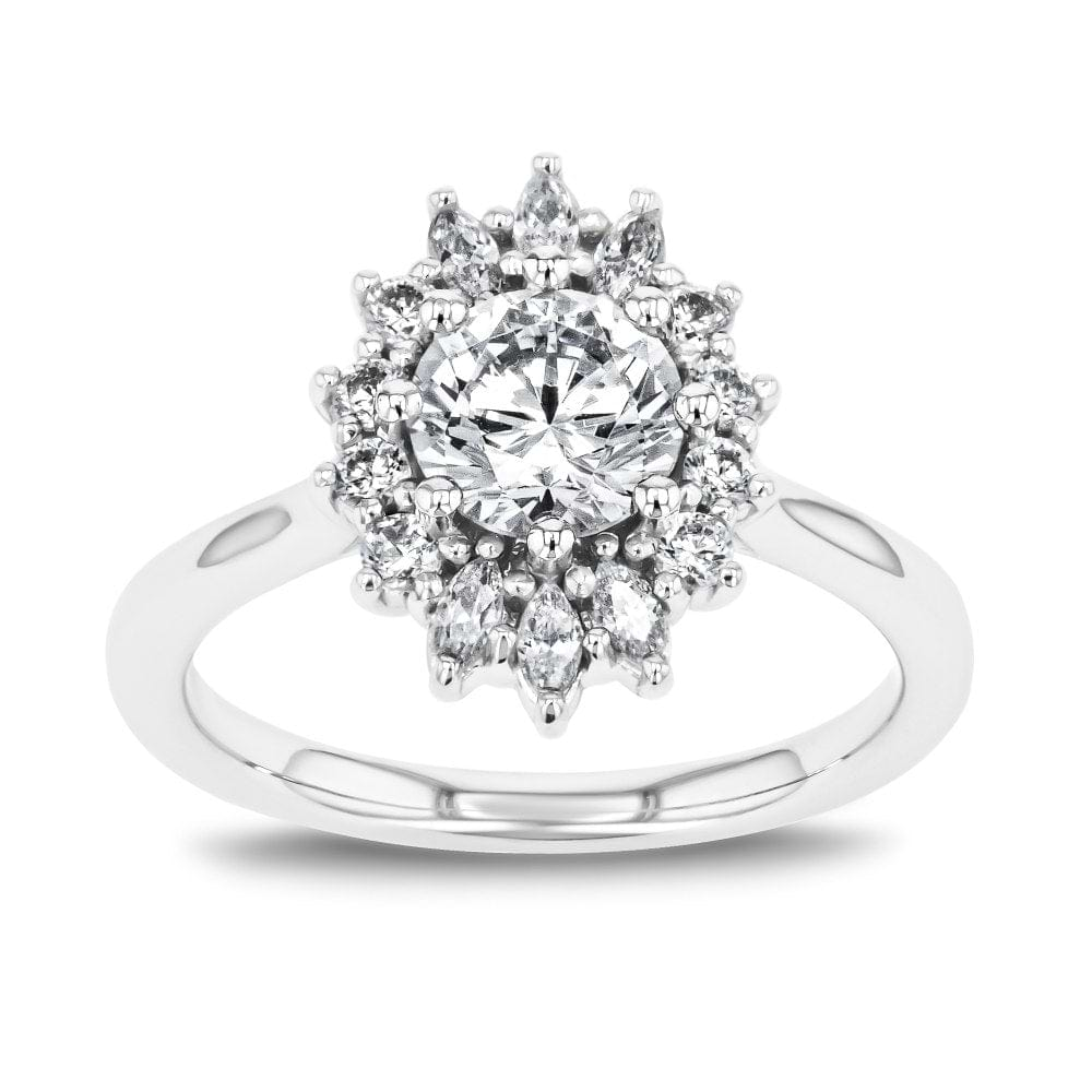 Shown here with a 1.0ct Round Cut Lab Grown Diamond center stone in 14K White Gold