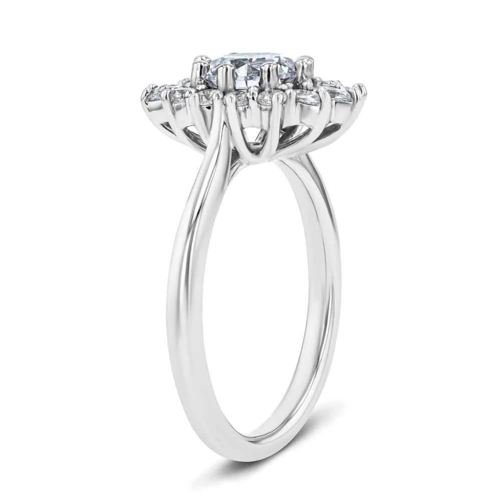 Shown here with a 1.0ct Round Cut Lab Grown Diamond center stone in 14K White Gold