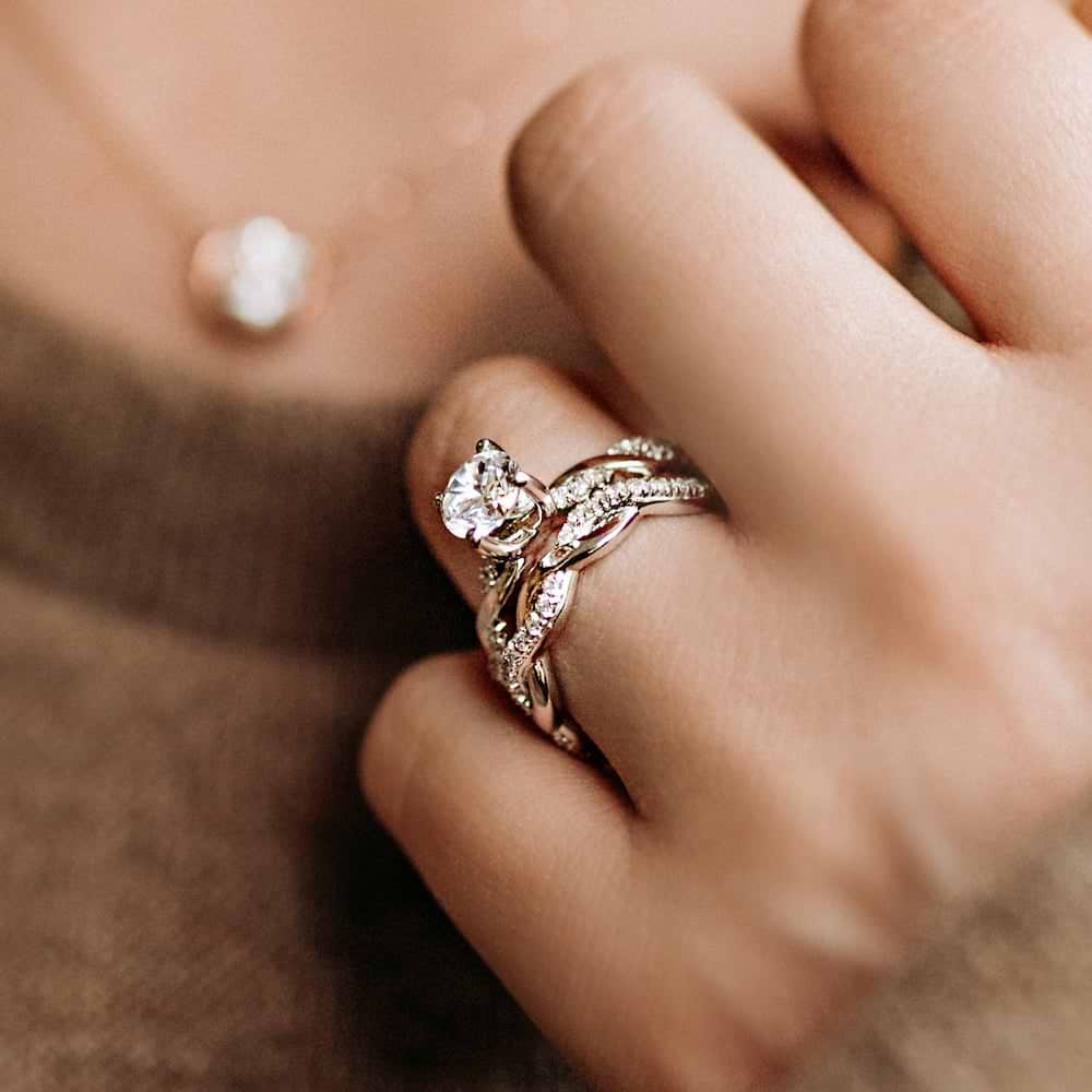 Shown with Matching Engagement Ring set with a 1ct Round Cut Lab Grown Diamond Available as a Set for a Discount|Beautiful nature inspired wedding ring set with lab grown diamonds in 14k white gold worn on hand