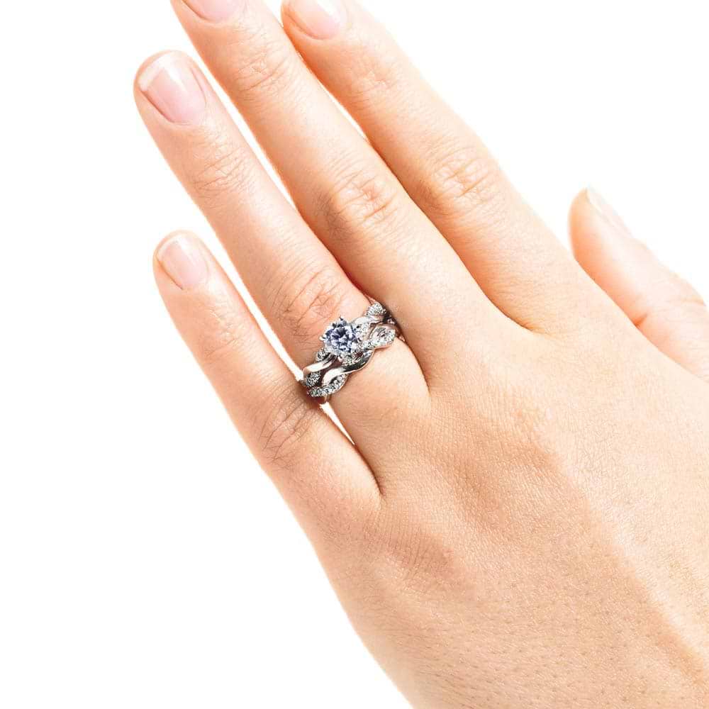 Shown with Matching Engagement Ring set with a 1ct Round Cut Lab Grown Diamond Available as a Set for a Discount|Beautiful nature inspired wedding ring set with lab grown diamonds in 14k white gold worn on hand