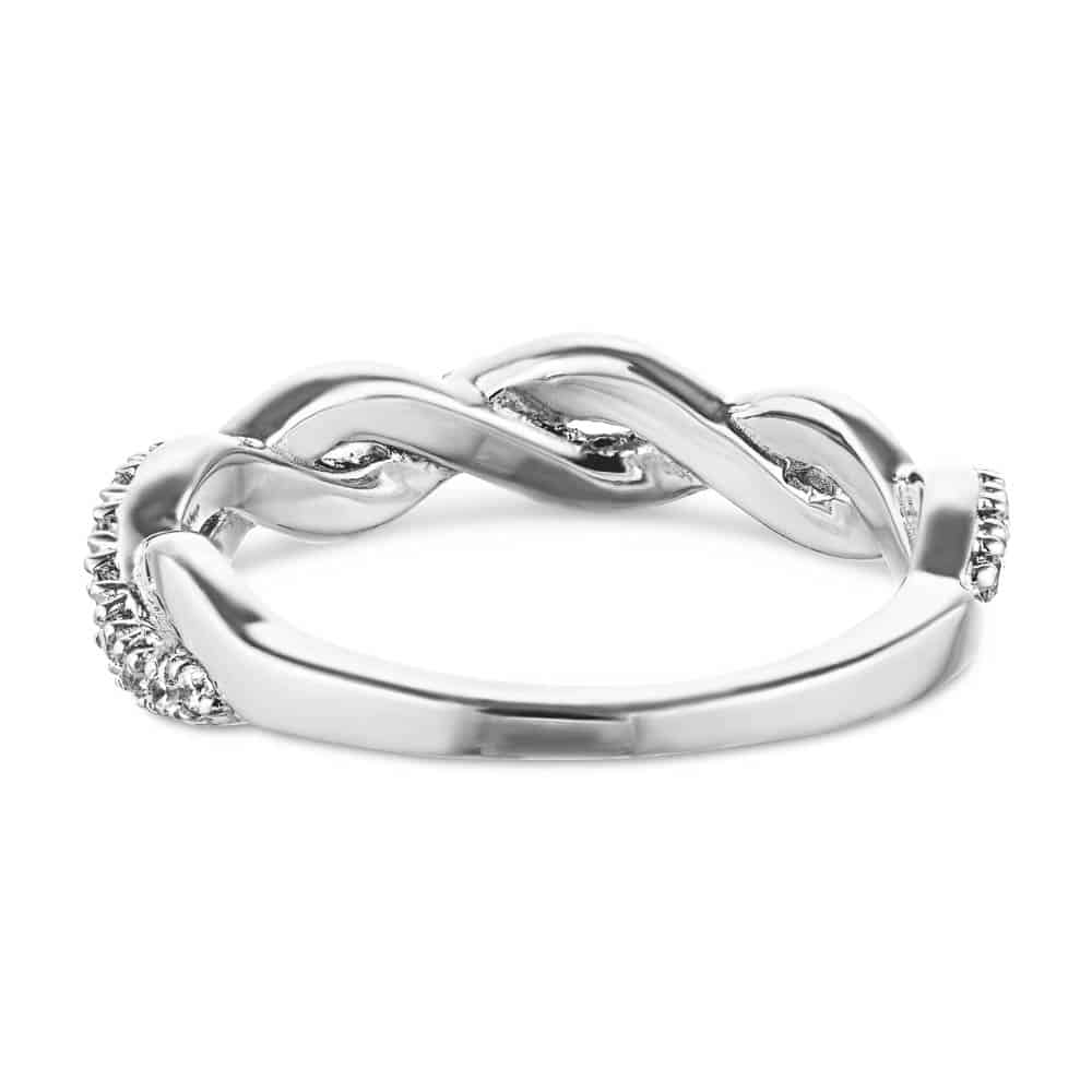Shown in 14k White Gold|Unique braided metal design diamond accented wedding ring in 14k white gold shown from back
