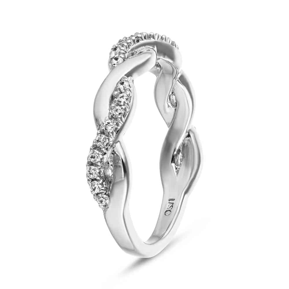 Shown in 14k White Gold|Unique braided metal design diamond accented wedding ring in 14k white gold shown from side