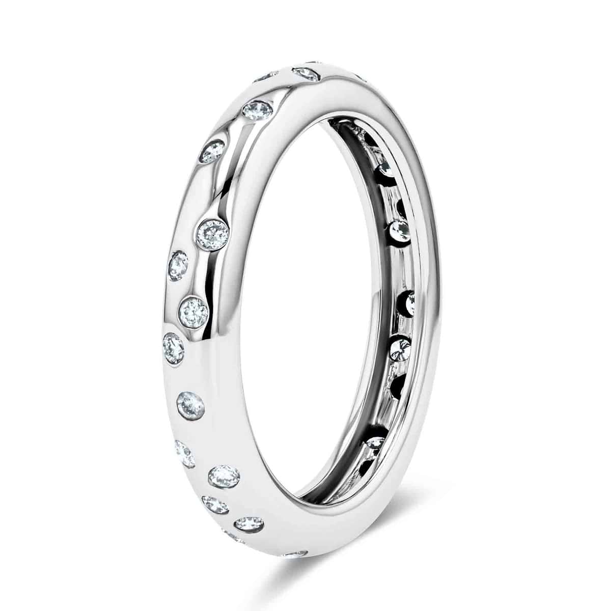 Shown in 14K White Gold|scattered eternity lab grown diamond band in 14k white gold metal