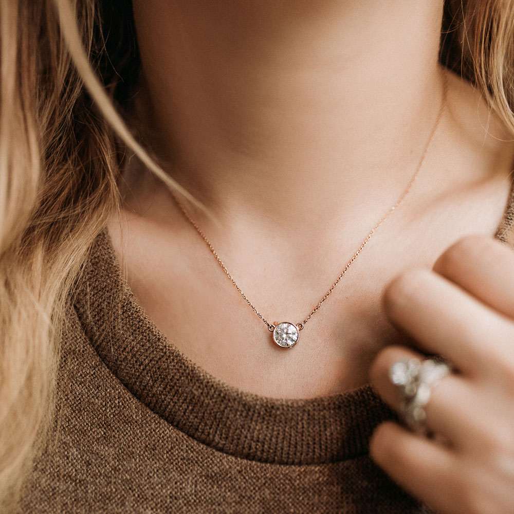 Bezel Pendant shown with a 1.0ct Round cut diamond in 14K rose gold|Bezel Pendant with a 1.0ct Round cut lab diamond in 14K Rose Gold