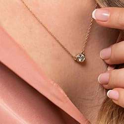 Bezel Pendant shown with a 1.0ct Round cut diamond in 14K gold|Bezel Pendant with a 1.0ct Round cut lab diamond in 14K Gold