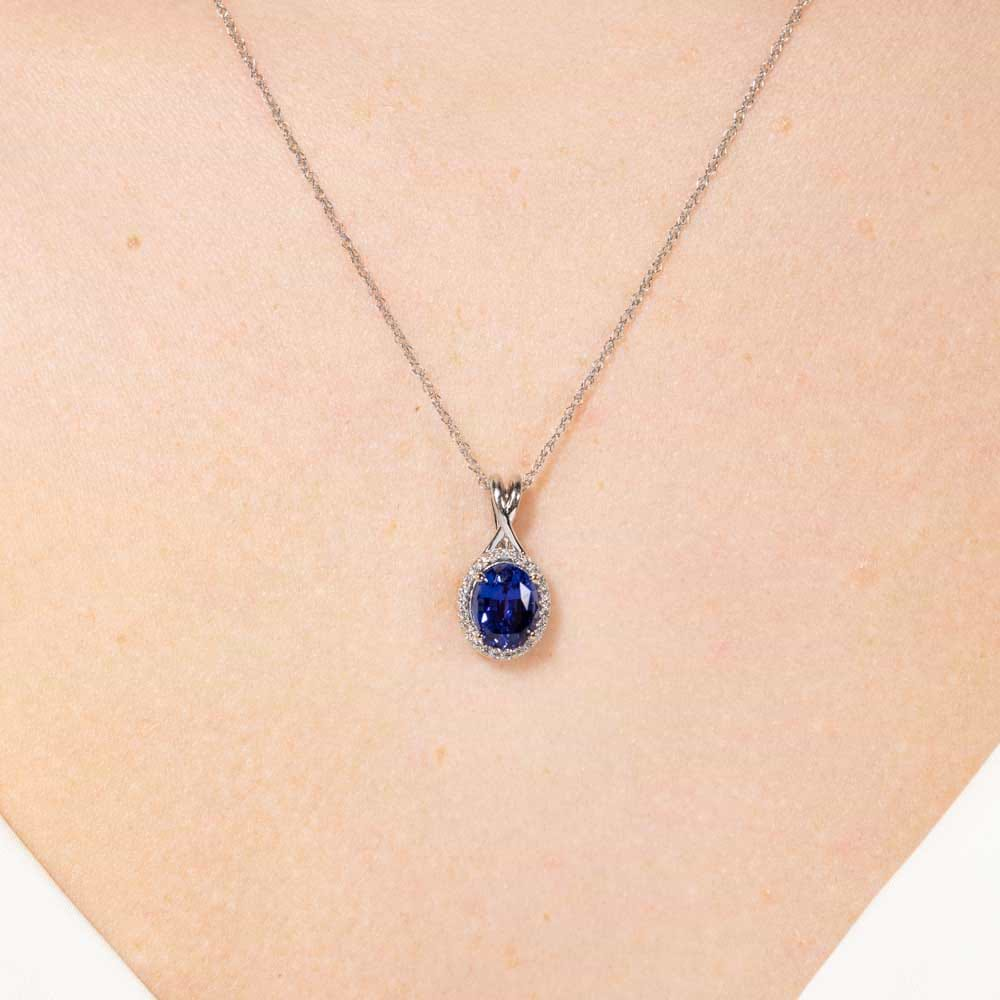 Halo Twist Pendant - 9x7mm Blue Sapphire Lab Created Gemstone (RTS)