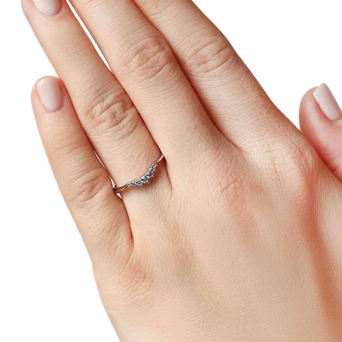 Shown in 14k White Gold|Graduated lab grown diamond accented v wedding band with stackable contour design set in 14k white gold shown from back