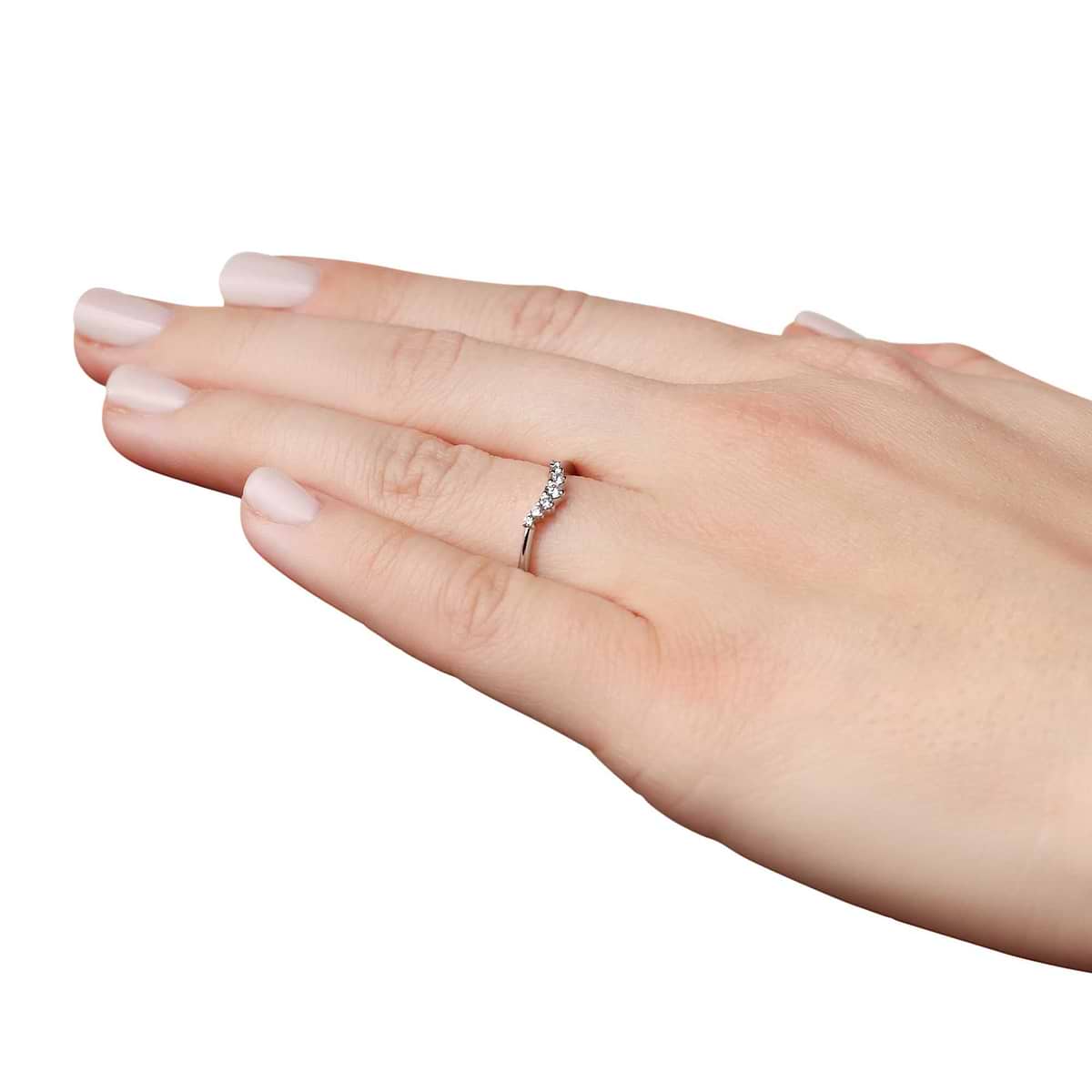Shown in 14k White Gold|Graduated lab grown diamond accented v wedding band with stackable contour design set in 14k white gold shown from back