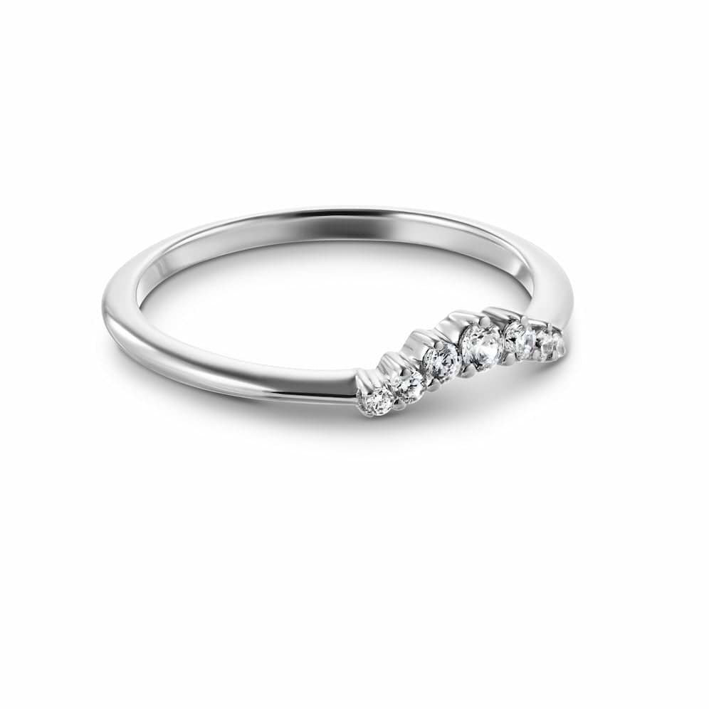 Shown in 14k White Gold|Graduated lab grown diamond accented v wedding band with stackable contour design set in 14k white gold