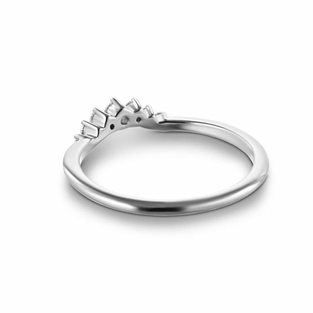 Shown in 14k White Gold|Graduated lab grown diamond accented v wedding band with stackable contour design set in 14k white gold shown from back