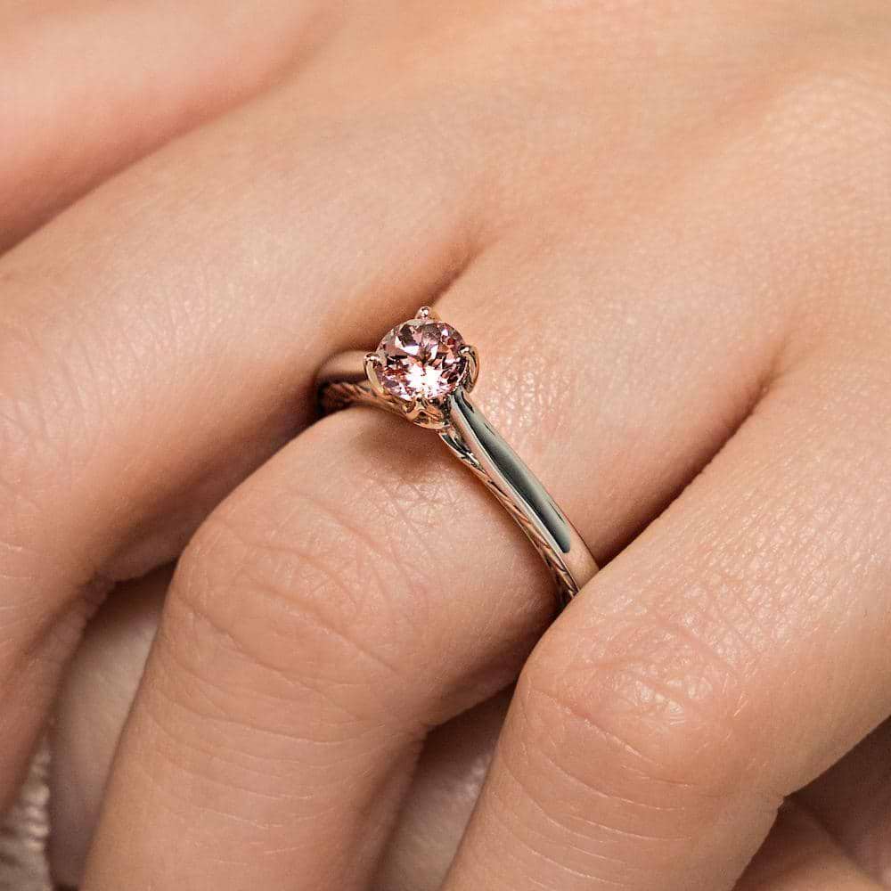 Shown with 1ct Lab Created Champagne Pink Sapphire in 14k White Gold|Lab grown champagne pink sapphire engagement ring with two tone 14k white gold and rose gold worn on hand