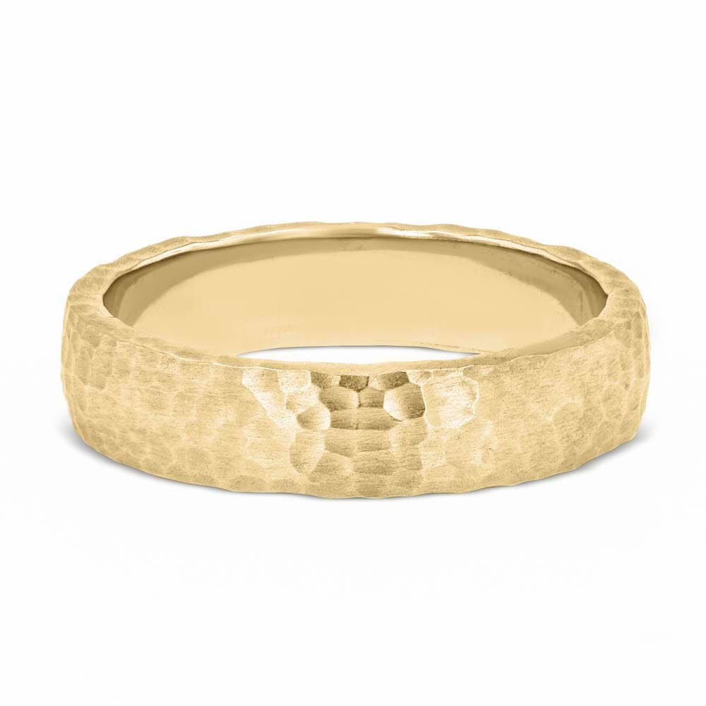 Shown in 14K Yellow Gold with a Satin Hammer Finish|plain metal band with satin hammer finish in 14k yellow gold