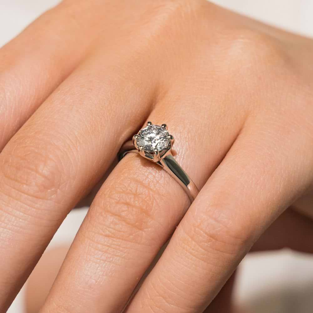 Calista Solitaire Engagement Ring shown with a 1.0ct round cut Lab-Grown Diamond in recycled 14K white gold | Calista Solitaire Engagement Ring  six prong solitaire engagement ring 1.0ct round cut lab grown diamond recycled 14k white gold