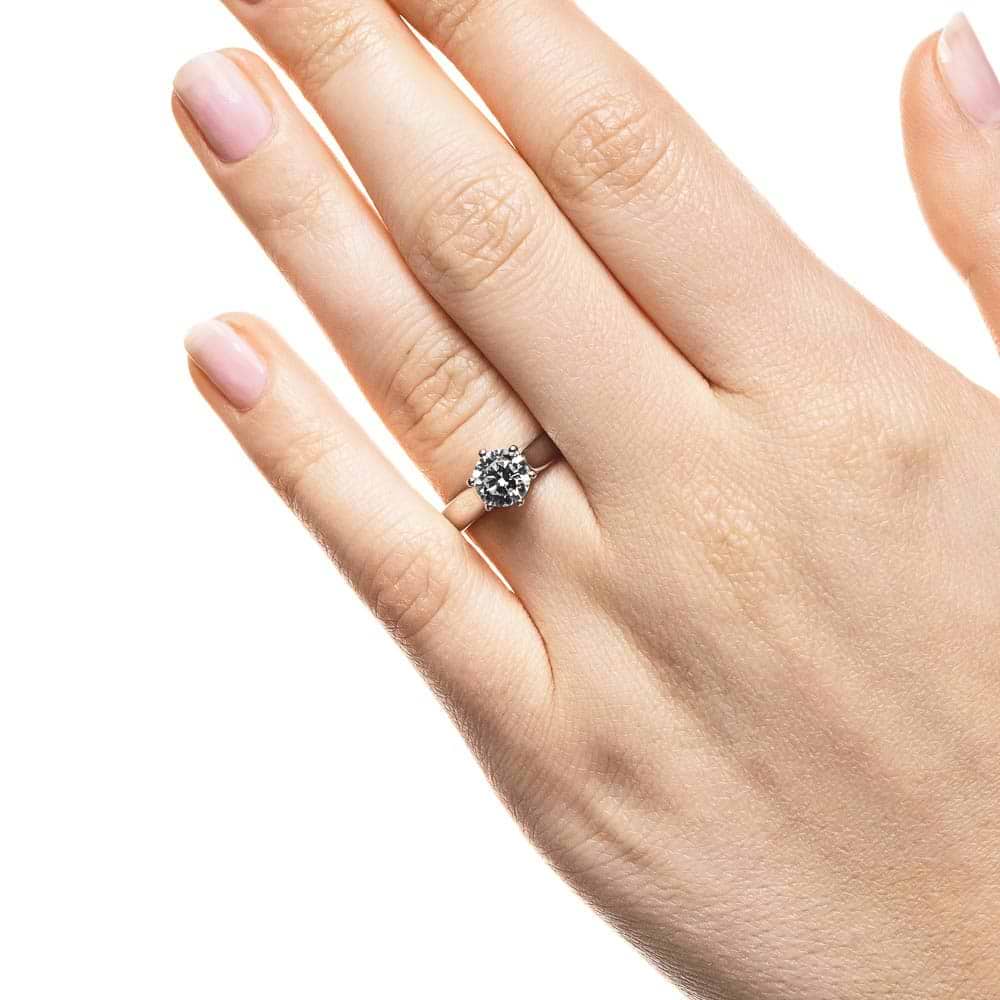 Calista Solitaire Engagement Ring shown with a 1.0ct round cut Lab-Grown Diamond in recycled 14K white gold | Calista Solitaire Engagement Ring  six prong solitaire engagement ring 1.0ct round cut lab grown diamond recycled 14k white gold