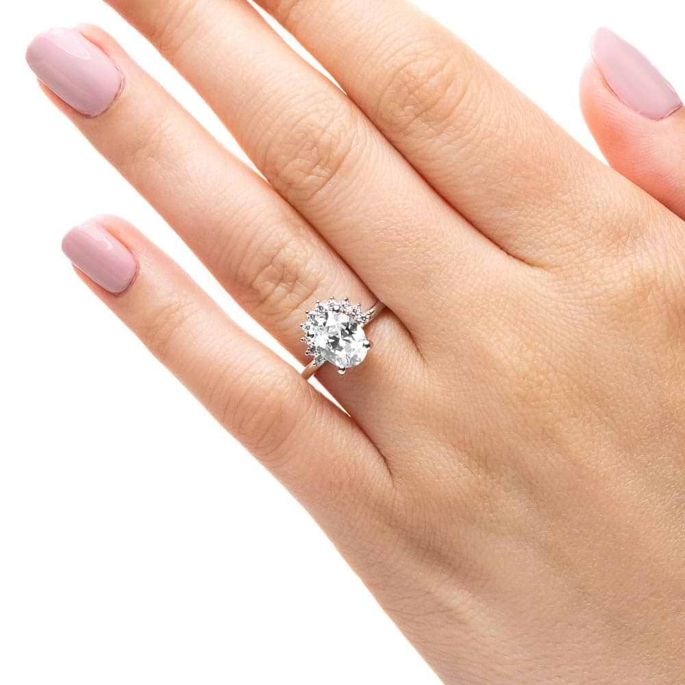 Shown with 1.5ct Oval Cut Lab Grown Diamond in 14k White Gold|Beautiful vintage style half halo engagement ring with 1.5ct oval cut lab grown diamond in 14k white gold shown worn on hand