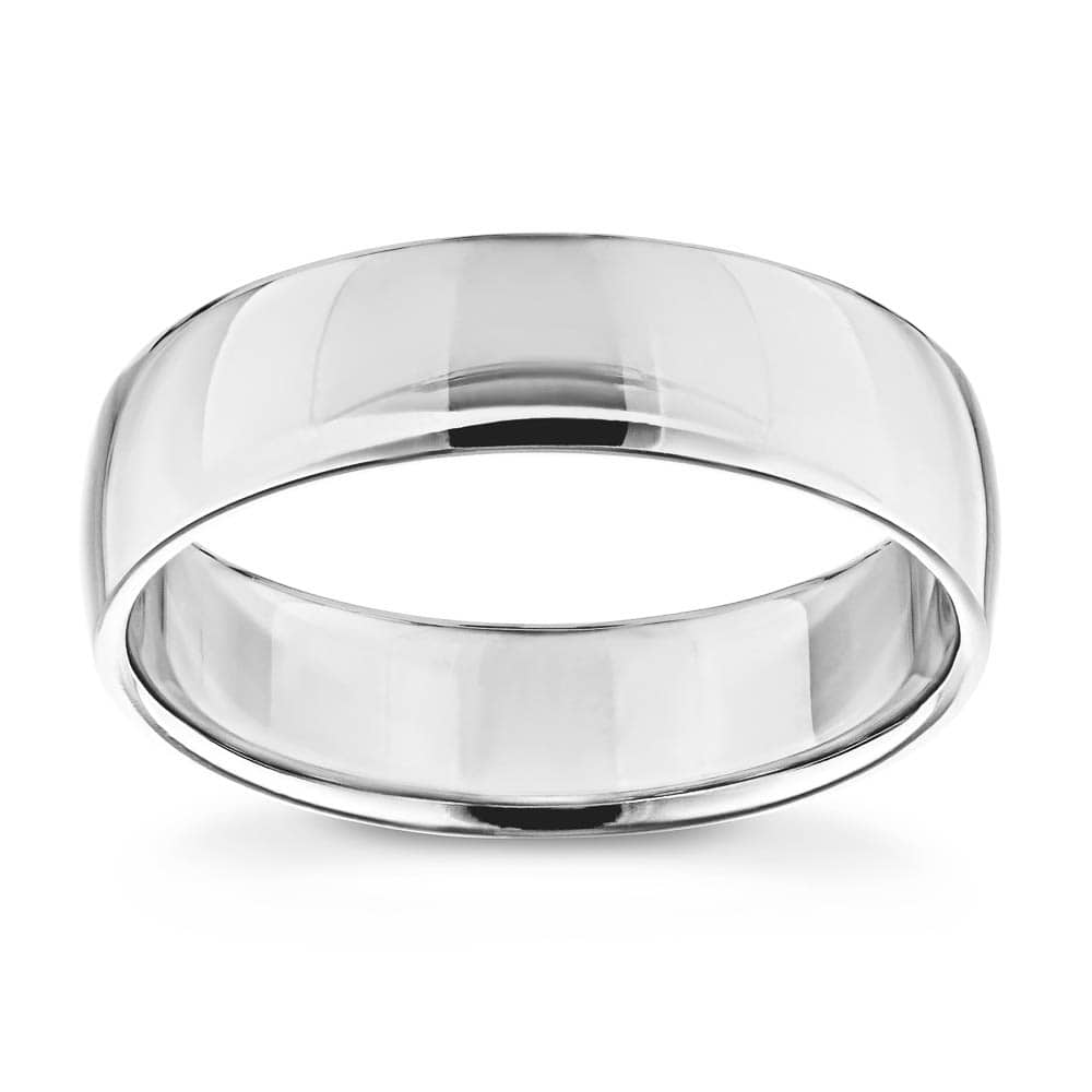 Canyon Men’s Wedding Band shown here in a polished finish in recycled 14K white gold. 