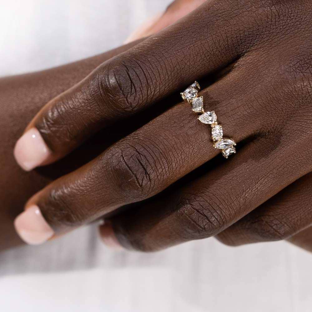 Shown in 14K Yellow Gold|fancy shape mixed lab grown diamond band in 14k yellow gold recycled metal