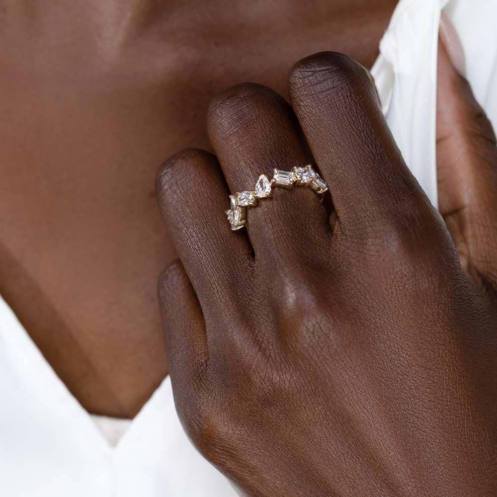 Shown in 14K Yellow Gold|fancy shape mixed lab grown diamond band in 14k yellow gold recycled metal