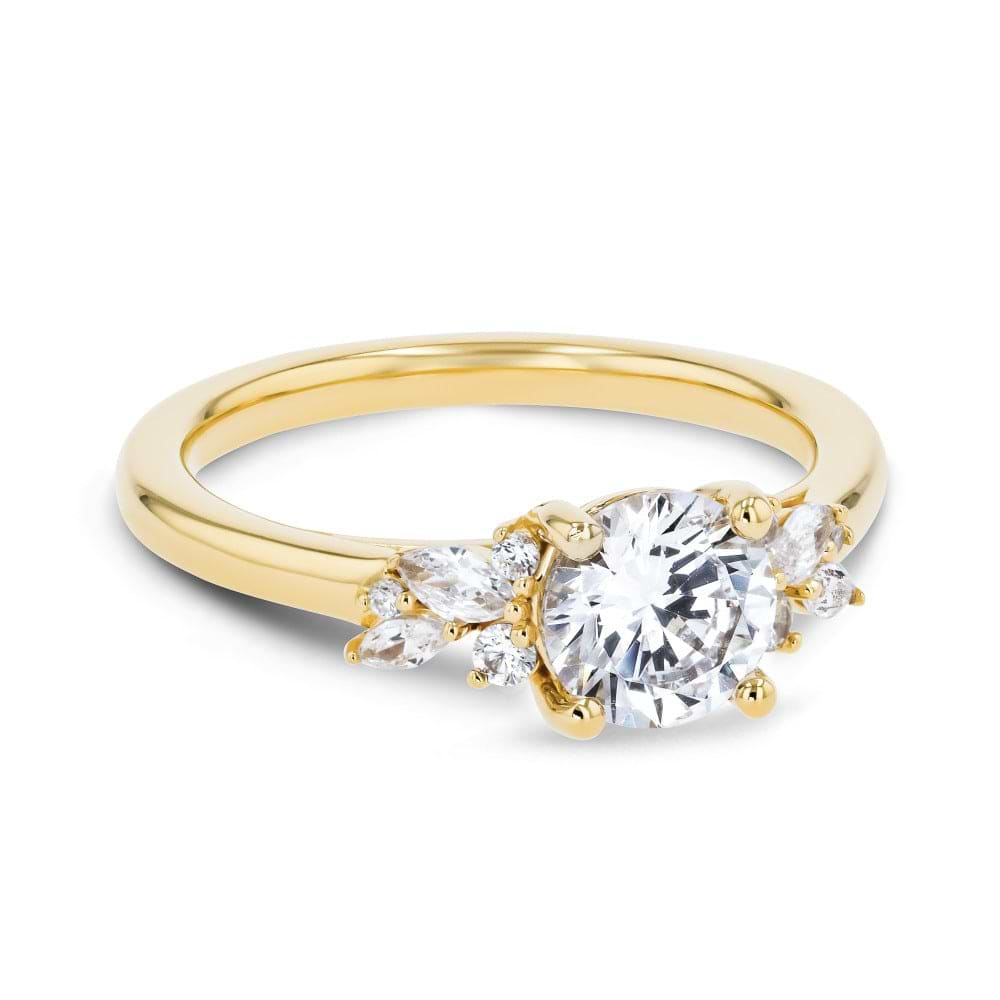 Shown here with a 1.0ct Round Cut Lab Grown Diamond center stone in 14K Yellow Gold