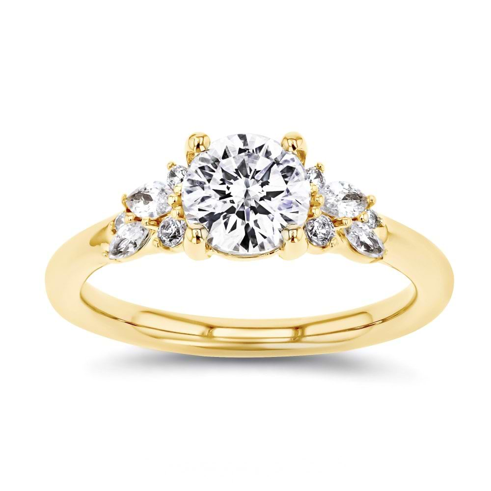 Shown here with a 1.0ct Round Cut Lab Grown Diamond center stone in 14K Yellow Gold