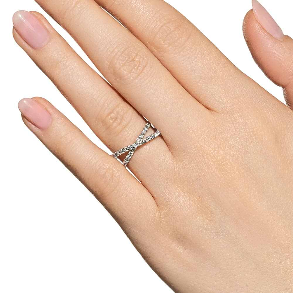 Diamond accented criss cross ring in recycled 14K white gold 