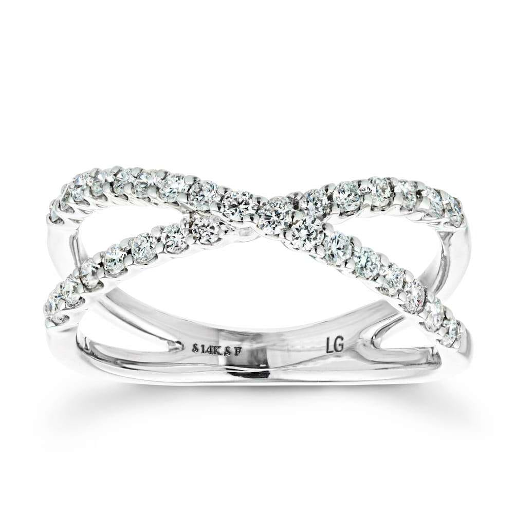 Diamond accented criss cross ring in recycled 14K white gold 