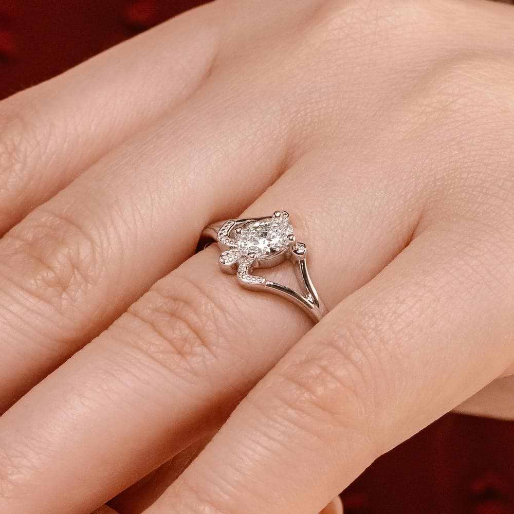 Shown with 1ct Oval Cut Lab Grown Diamond in 14k White Gold|Sea turtle engagement ring with 1ct oval cut lab grown diamond in 14k white gold shown worn on hand