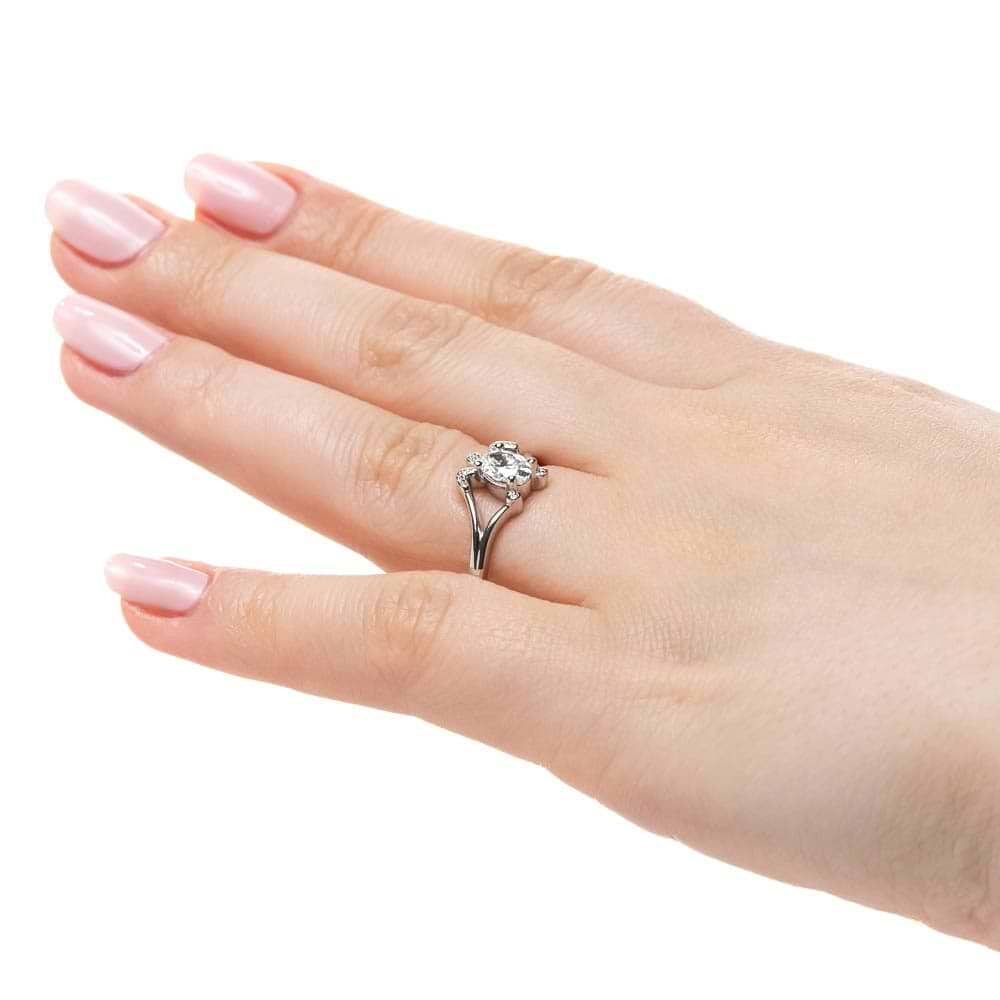 Shown with 1ct Oval Cut Lab Grown Diamond in 14k White Gold|Sea turtle engagement ring with 1ct oval cut lab grown diamond in 14k white gold worn on hand sideview