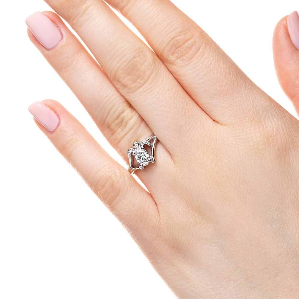 Shown with 1ct Oval Cut Lab Grown Diamond in 14k White Gold|Sea turtle engagement ring with 1ct oval cut lab grown diamond in 14k white gold worn on hand