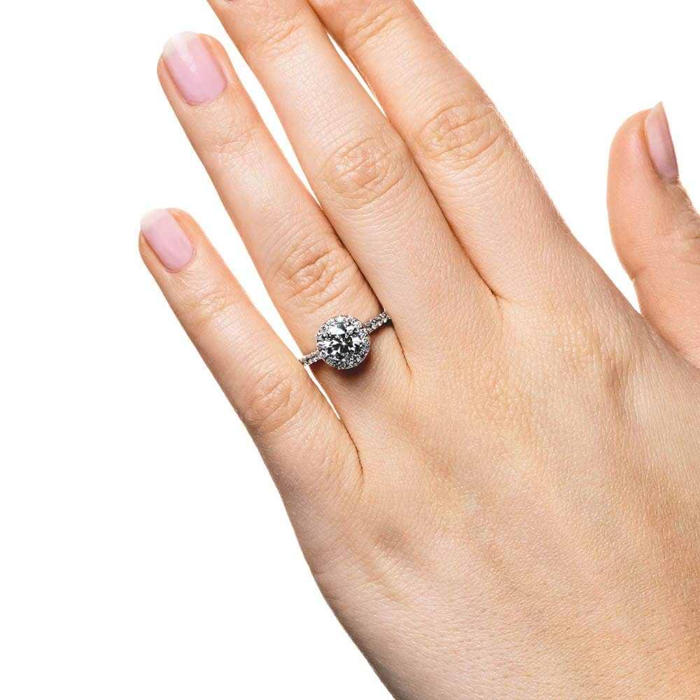 Shown with 2ct Round Cut Lab Grown Diamond in 14k White Gold|Diamond accented halo engagement ring with 2ct round cut lab grown diamond in 14k white gold on hand