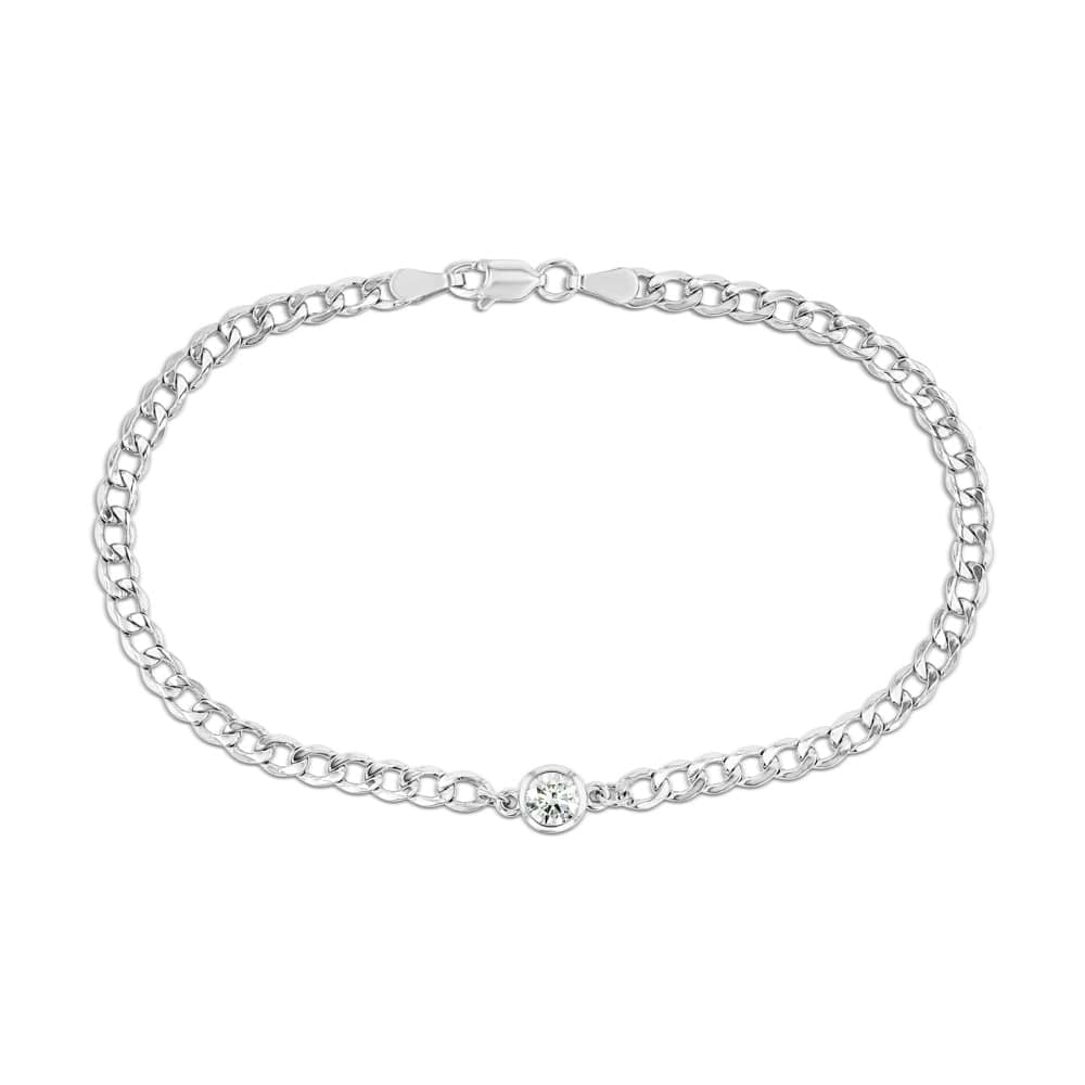  Shown with a bezel-set Lab Grown Diamond in 14K White Gold|Diamond Bezel Curb Chain Bracelet in 14 carat white gold with one Lab Grown Diamond from MiaDonna