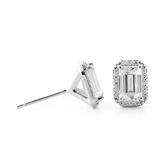 Emerald shape lab-grown diamond earrings | affordable lab-grown diamond halo earrings