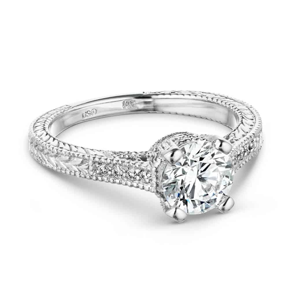 Shown with 1ct Round Cut Lab Grown Diamond in 14k White Gold