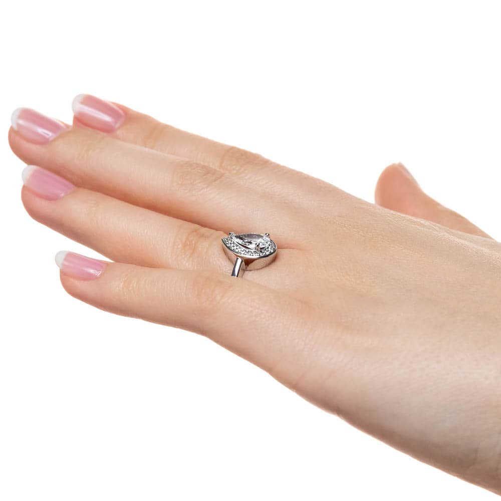 Shown with 1ct Pear Cut Lab Grown Diamond in 14k White Gold|Diamond halo engagement ring with 1ct pear cut lab grown diamond set in 14k white gold