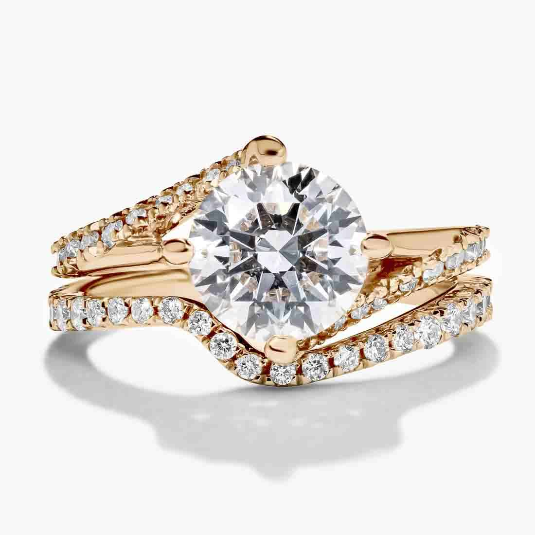 Flame Wedding Ring Set with a 1.32ct Round Cut Lab-Grown Diamond Center Stone in 14K Yellow Gold