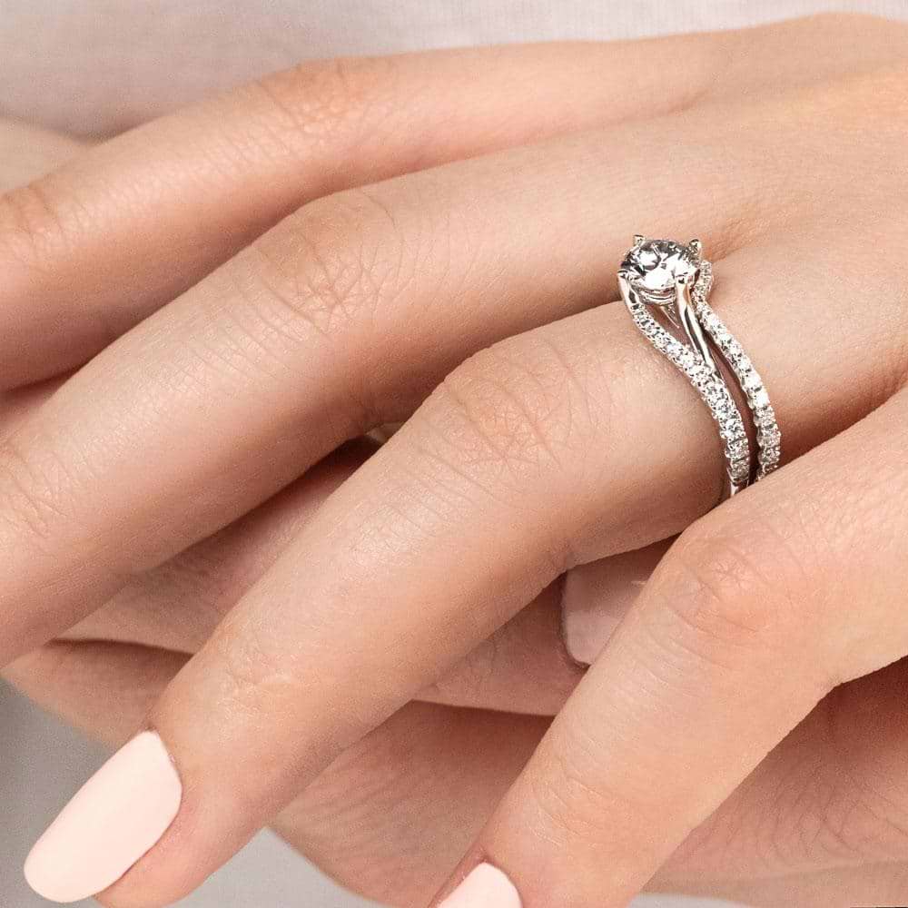 Flame Wedding Ring Set shown here with a 1ct round cut lab-grown diamond in recycled 14K white gold.  | Flame Wedding Ring Set Lab-grown diamond white gold accented wedding set.