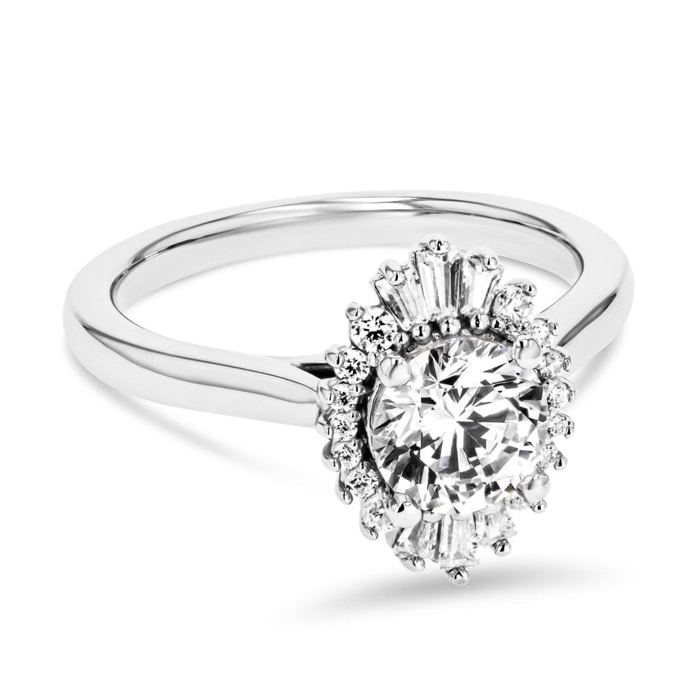 Shown here with a 1.0ct Round Cut Lab Grown Diamond center stone in 14K White Gold