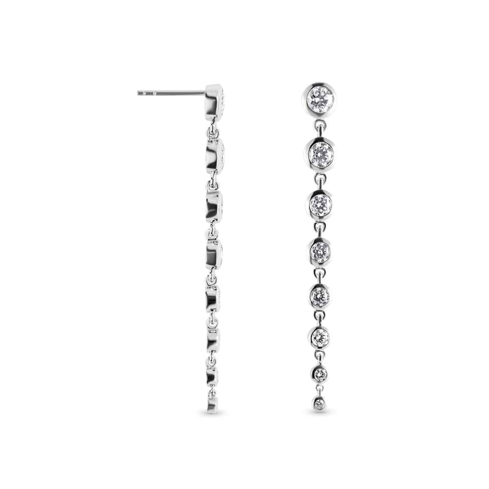 Shown in 14k White Gold|Beautiful graduated bezel drop earrings set with round lab grown diamonds in 14k white gold