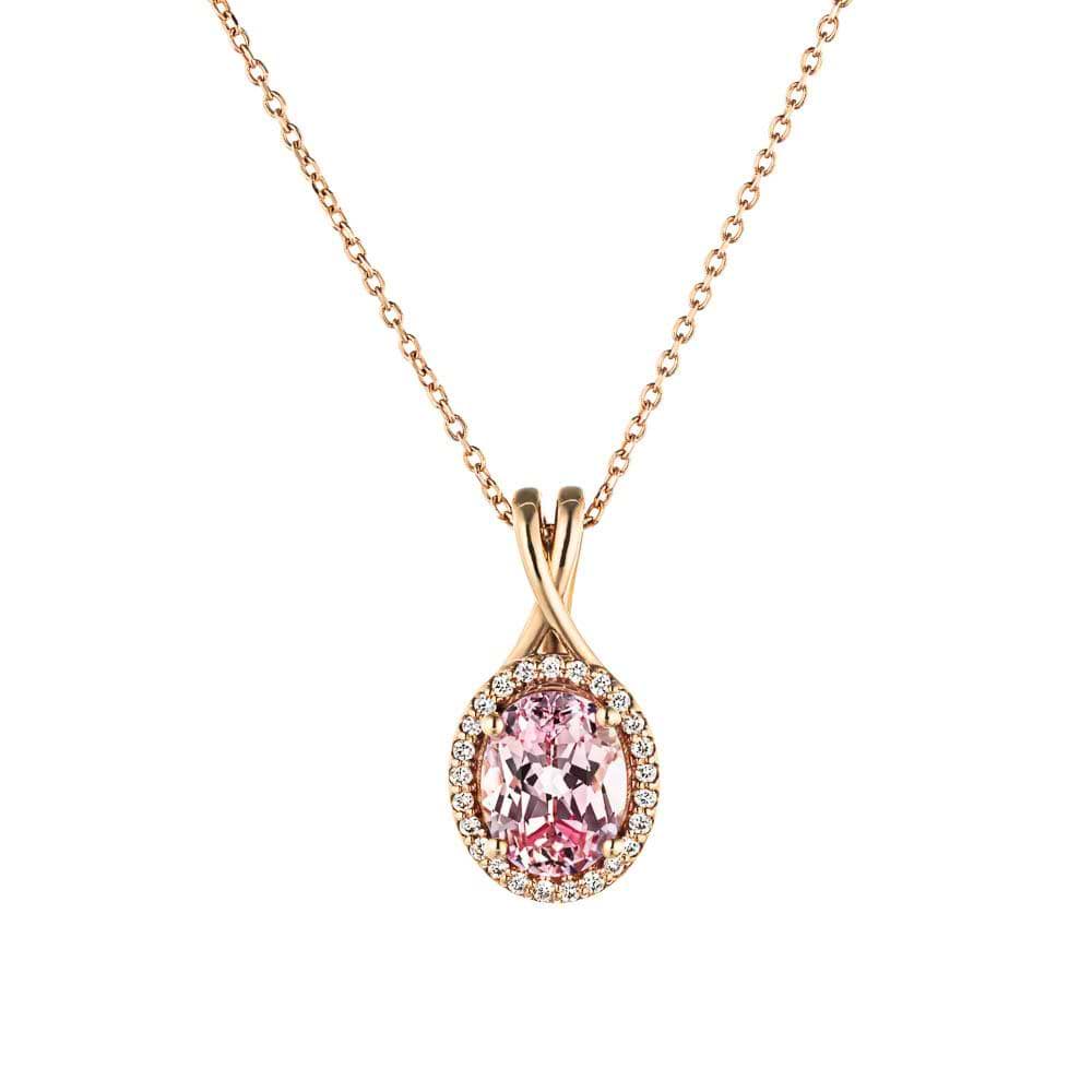 Halo Twist Pendant with an Oval Champagne Sapphire in 14K rose gold| halo champagne sapphire pendant in gold