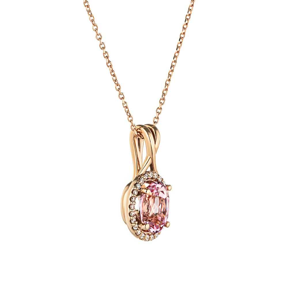 Halo Twist Pendant with an Oval Champagne Sapphire in 14K rose gold| halo champagne sapphire pendant in gold