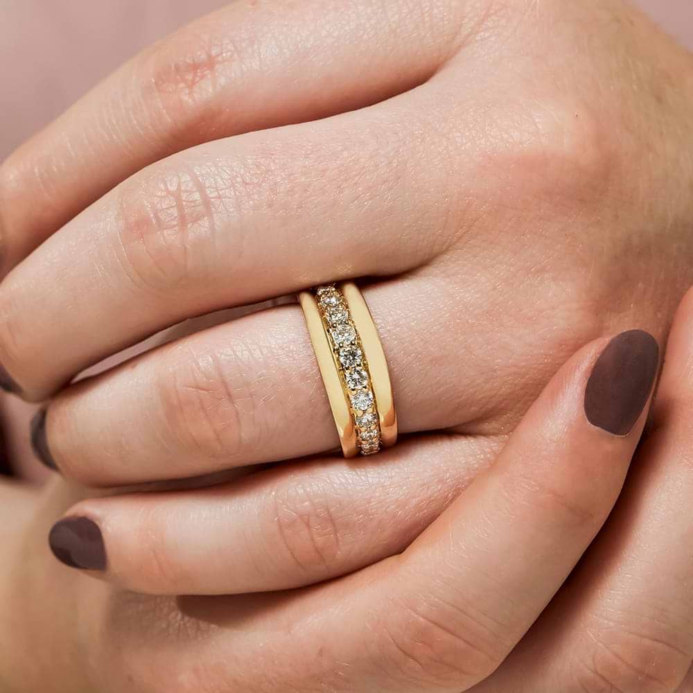 Shown in 14k Yellow Gold|Stunning contemporary diamond accented fashion ring with round cut lab grown diamonds in 14k yellow gold shown worn on hand