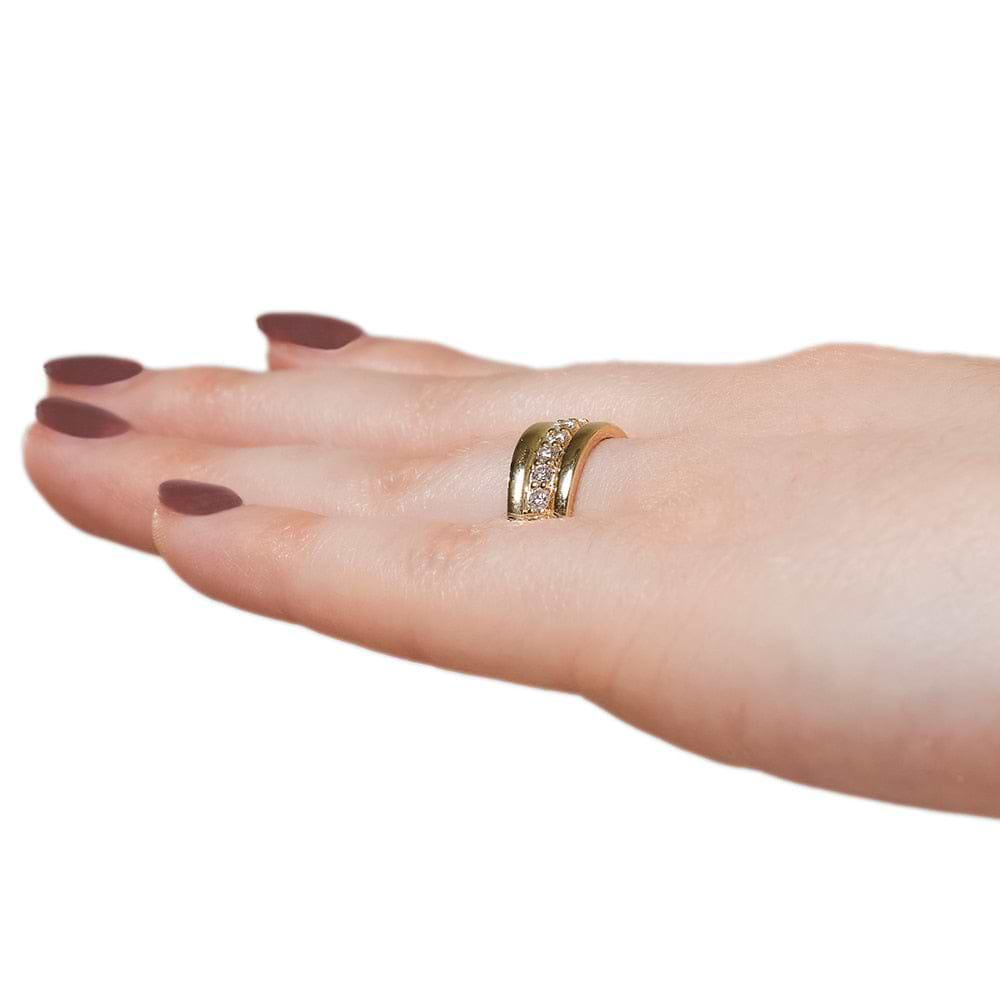 Shown in 14k Yellow Gold|Modern diamond accented fashion ring with round cut lab grown diamonds in 14k yellow gold worn on hand sideview